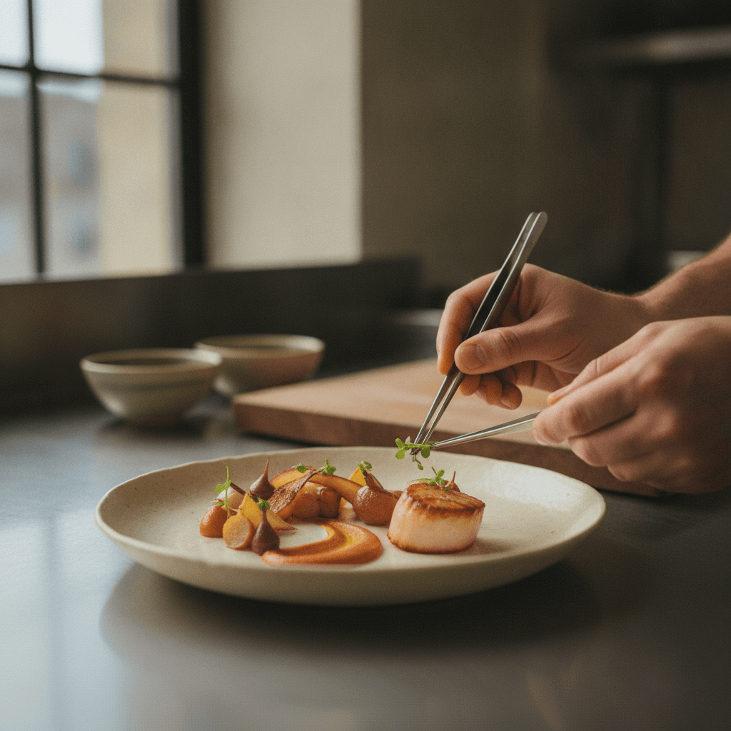 Chef Carlos plating a dish in the kitchen