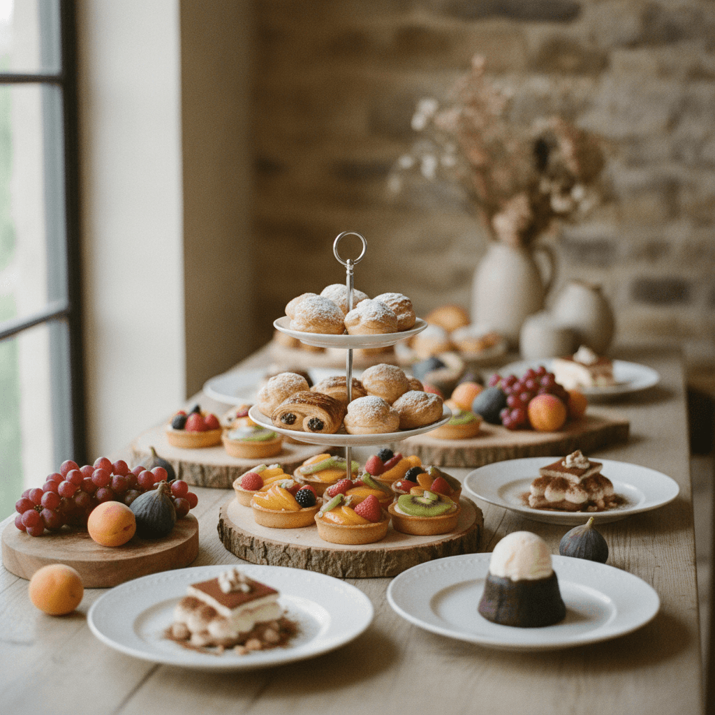 Dessert spread presented at a catered celebration